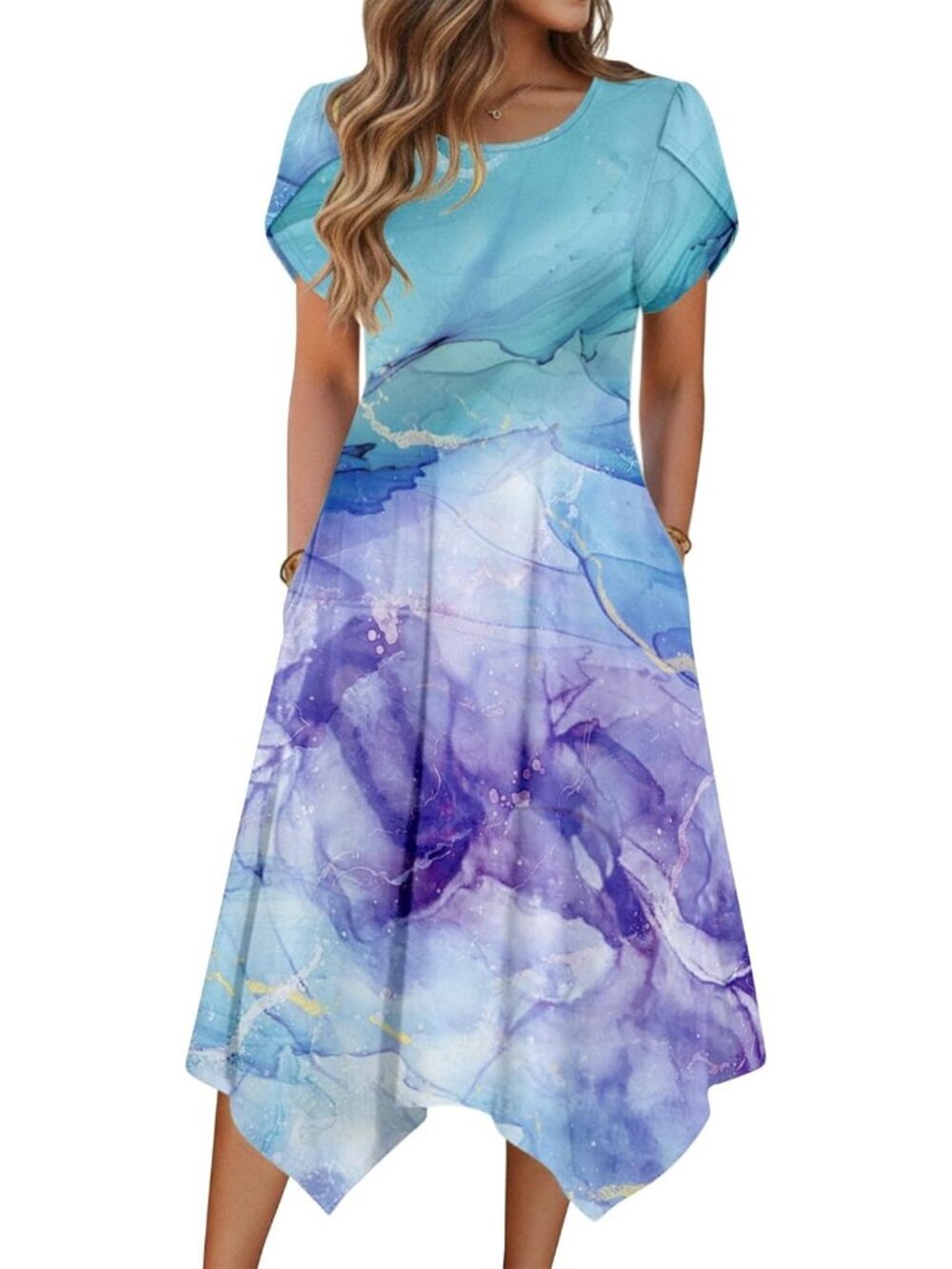 Women's Blue Flare Midi Sundress Short Sleeve Pockets Loose Flowy Beach Dress - Picture 1 of 6